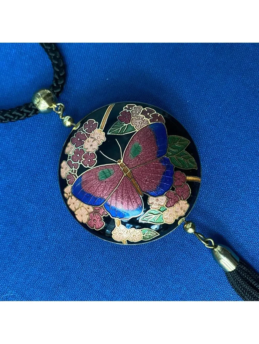 Vintage Cloisonné Butterfly Pendant Tassel Necklace 70s 80s